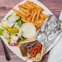 Gyros Combo · Thinly sliced blend of beef and lamb cooked on a vertical rotisserie served in a pita with t...