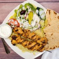 The Kabob Plate · Your choice of marinated sirloin or chicken skewered and charbroiled.