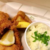 Catfish · catfish nuggets fried or grilled, with a side of your choice, and a piece of texas toast.