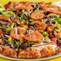 Three Up Three Down · Vegetarian - Mushrooms, Green Peppers, Red Onions, Black Olives & Sliced Tomatoes.