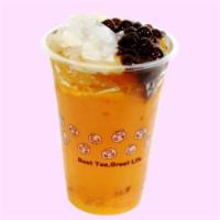 Passion Fruit Qq Tea · Includes Boba and Lychee Jelly