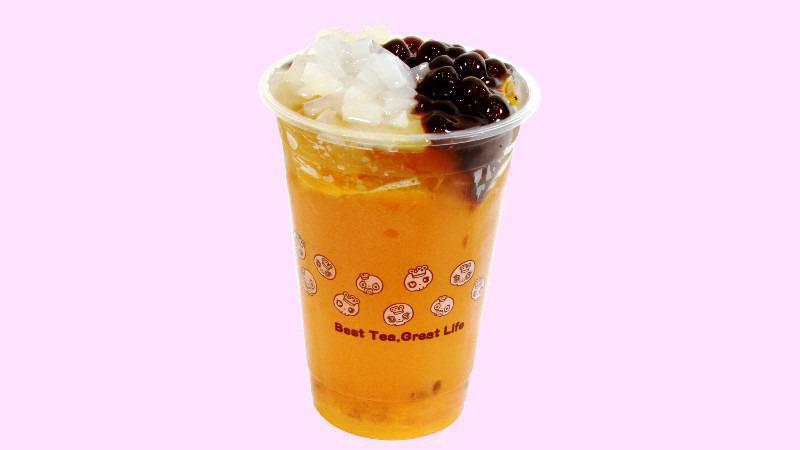 Passion Fruit Qq · 220-290 cal. Passion fruit tea with tapioca and lychee jelly in it.