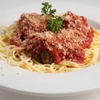 Spaghetti With Salad · Spaghetti with marinara sauce or pesto and meatballs. All entrées include garlic bread.