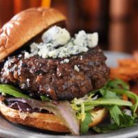 Blue Cheeseburger · Juicy burger made with Angus beef patty, crumble blue cheese, slices of bacon, onion rings, ...