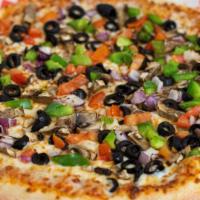 Veggie Pizza · Onions, Green Peppers, Mushrooms, Olives, Tomatoes & Extra Cheese.