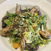 Cilantro Lime Salad · 280 cal. organic baby greens, jack cheese, heirloom tomatoes, grilled corn, pumpkin seeds, c...