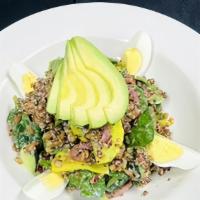 Green Goddess Salad · farro, quinoa, hard-cooked egg, organic baby spinach, avocado, pickled red onion, cucumber, ...