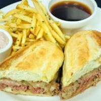 Prime French Dip · Warm roast beef, sharp white cheddar cheese, toasted parmesan baguette, au jus. 1400 calories.