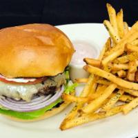 Nordstrom Burger · lettuce, tomato, red onion, sharp white cheddar cheese, roasted garlic aioli, toasted artisa...