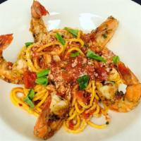 Spicy Wild Shrimp Pomodoro · 840 cal. rosemary garlic shrimp, spaghetti alla chitarra, roasted garlic tomato sauce, basil...