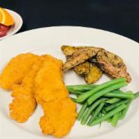 Chicken Tenders  · breaded chicken, choice of dipping sauce, roasted potatoes, green beans