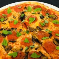 Pepperoni & Mushroom Pizza · marinated oyster mushrooms, pepperoni, roasted garlic tomato sauce, mozzarella cheese, fresh...