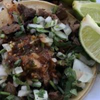 Taco Suave / Soft Taco · Cebollas, cilantro, salsa y su elección de carne. / Onions, cilantro, salsa and your choice ...