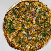 Large Masala Curry Chicken · Curry sauce, cheese, masala chicken, mushrooms, red onions, fresh cilantro.
