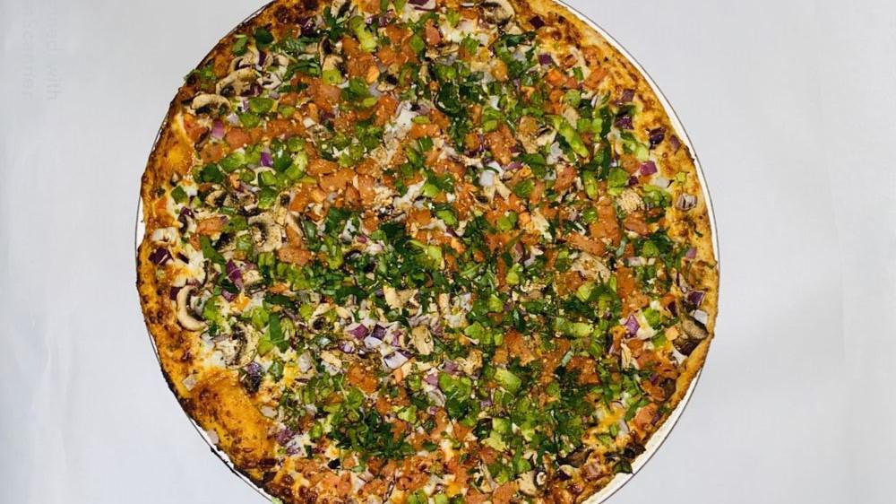 Family Size Bombay Veggie · Bombay special sauce, cheese, mushrooms ginger, garlic. Bell peppers, tomatoes, red onion, green chill, fresh cilantro.