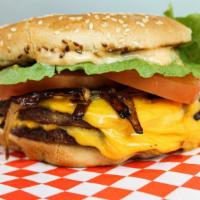 Double Cheeseburger · Two patties, American cheese, 1000 island, tomato and lettuce.
