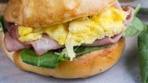 Ham, Egg, And Cheese Bagel · Ham, two scrambled eggs, and cheese on a bagel.