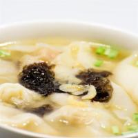 Shrimp Wonton Soup · Baby bok choy, dry seaweed, wolfberry, cilantro, and green onion.