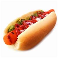 Chili Dog · Hot dog decked with orange chili sauce.