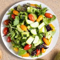 Great Garden Salad · Fresh green lettuce mix, tomatoes, black olives, red onions, bell peppers, and shredded mozz...