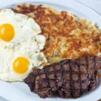 #11 New York Steak & Eggs · All breakfast plates served with 3 eggs hashbrowns and toast and jelly.