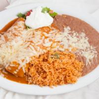 Enchilada Lunch · 1 enchilada served with rice and beans.