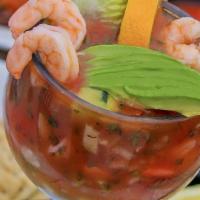 Shrimp Cocktail · Shrimp served with fresh cocktail sauce, avocado, cucumber, onion and tomatoes enhanced with...