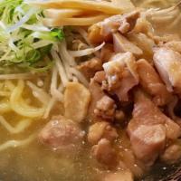 Chicken Ramen · Thick Noodle, chicken, green onion, Bean Sprouts, bamboo, egg, chicken soup.