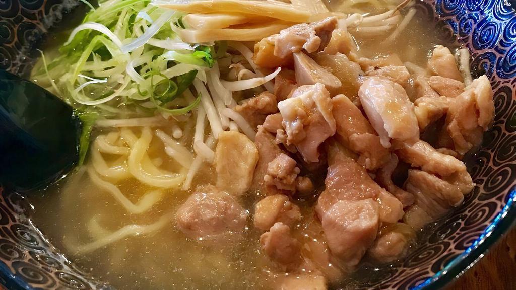 Chicken Ramen · Thick Noodle, chicken, green onion, Bean Sprouts, bamboo, egg, chicken soup.