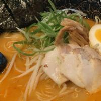 Miso Ramen · Thick Noodle, miso, green onion, chashu, Bean Sprouts, bamboo, seaweed, corn, egg, Tonkotsu ...