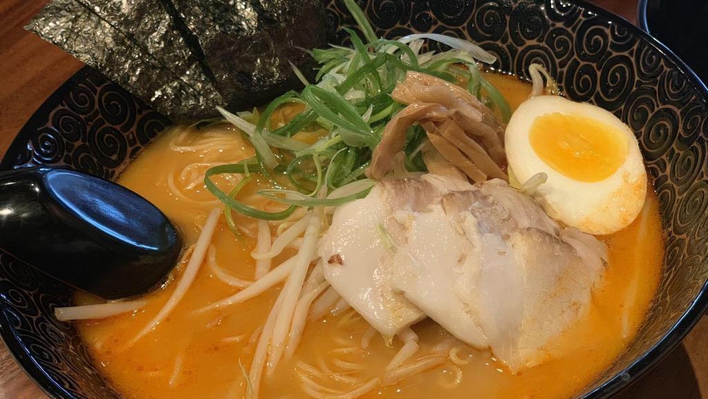Miso Ramen · Thick Noodle, miso, green onion, chashu, Bean Sprouts, bamboo, seaweed, corn, egg, Tonkotsu soup.