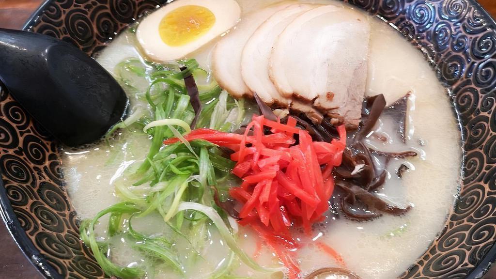 Tengu Tonkotsu Ramen · Thin noodle, corn, bamboo, green onion, Ginger, egg, Chashu, tonkotsu soup.