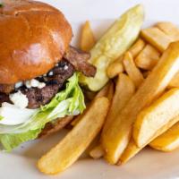 The English (Bacon Blue Cheese) · House-made bacon and brown sugar jam, crispy bacon slices, blue cheese crumbles, lettuce, to...