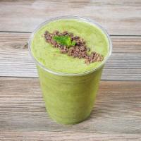 16 Oz. Peppermint-Chip Smoothie · almond milk, banana, spinach, mint, agave, peppermint and cacao nibs.