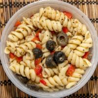 Pasta Salad · Freshly-made Pasta Salad made with fresh boiled rotini pasta, diced red bell peppers, black ...