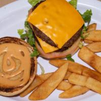 Old Fashion Cheese Burger · 2 quarter pound angus patties topped with melted cheese lettuce tomatoes homemade dressing