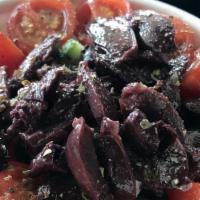 Greek Salad · Persian cucumbers, grape tomatoes, Kalamata olives, olive oil, oregano, Himalayan salt, and ...