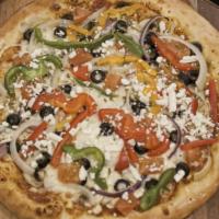 Vegetarian · Mozzarella, tomato sauce, black olives, onions, tomatoes, mushroom, feta cheese, oregano, be...