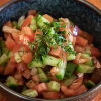 Israeli Salad · Tomato, cucumber, cilantro, and lemon. (Vegan & GF)