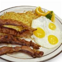 #3. Bacon & 3 Eggs · Served with 3 eggs, hashbrowns, toast & jelly.