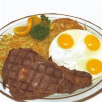 #6. 6Oz Rib Eye Steak & 3 Eggs · Served with 3 eggs, hashbrowns, toast & jelly.