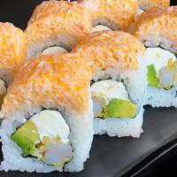 Golden Tiger · Deep-Fried Shrimp Tempura, Cream Cheese, Avocado with Spicy Krab (aka imitation crab meat) o...