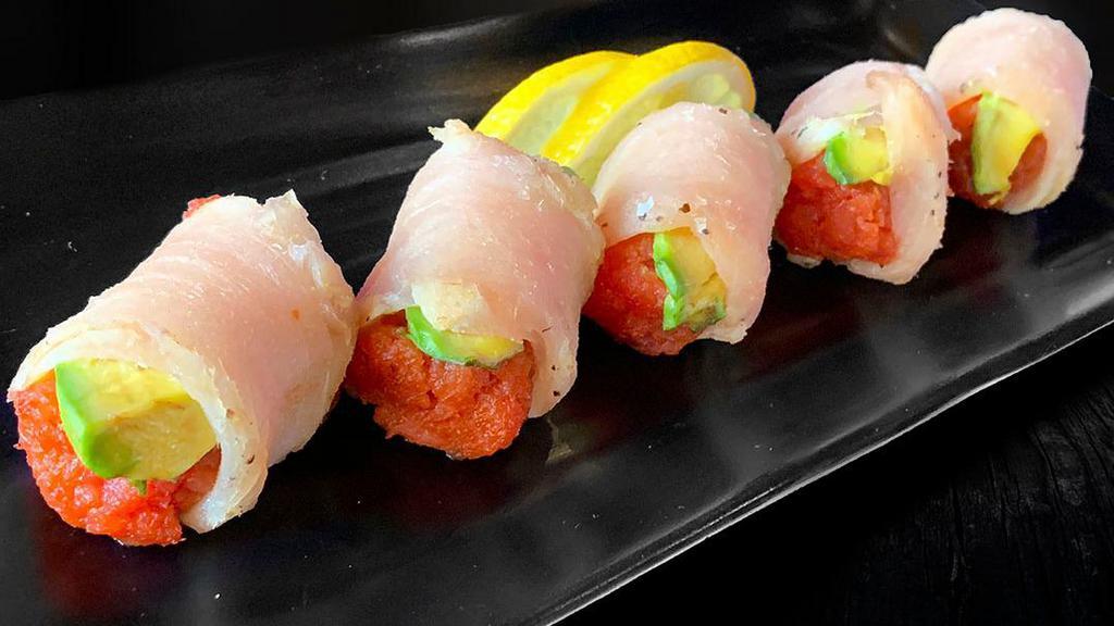Jessica Albacore · Spicy Tuna, Avocado wrapped with Albacore.

Consuming raw or undercooked meats, poultry, seafood, shellfish, or eggs may increase risk of foodborne illness.
