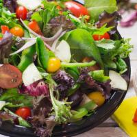 Garden Salad · Mix greens, cucumbers, tomato, bell peppers, onions, and dressing on the side.
