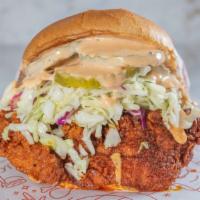 Nashville Hot On Dash · Fried Chicken Breast, coated with Nashville Hot Oil and Seasoning, Vinegar Slaw, Pickles and...