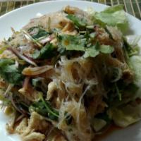 Rainbow Salad · Boiled chopped chicken and crystal noodles tossed with light chili lime juice, cilantro, red...