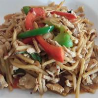 Basil Chicken · Chicken breast sautéed with fresh chili, garlic, bamboo shoots, bell pepper and Thai basil l...