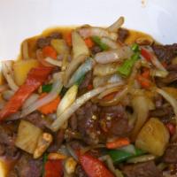 Bangkok Beef · Beef sautéed in fresh garlic, onion, bell pepper, cashew nuts, pineapple and sweet chili pas...