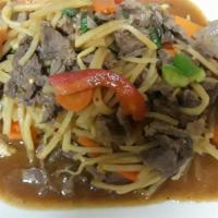 Basil Beef · Spicy. Beef sautéed with fresh chili, garlic, bamboo shoots, bell pepper and Thai basil leav...