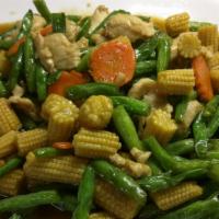 Baby Corn & Green Bean Pork · Sautéed pork with garlic, baby corn, green beans and Thai seasoning bean sauce.